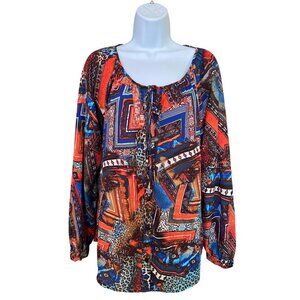 NY Collection Blouse M Abstract Tribal Print Top Festival Boho Lagenlook